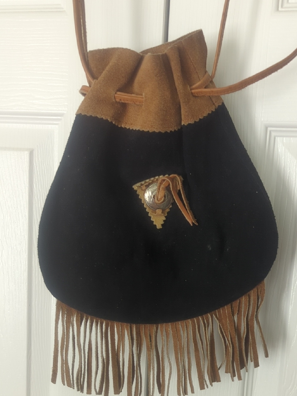 Vintage 70s Black and Brown Suede Fringe Drawstring Shoulder Bag